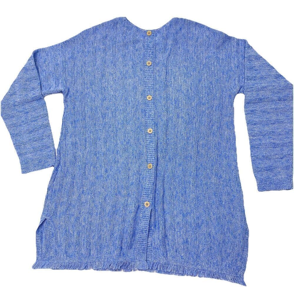 J. Jill Blue Round Neck Tunic Length Ribbed Knit Sweater Button Detail Sz M